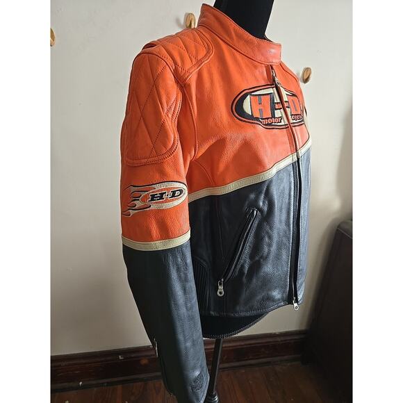 C17 Vintage Harley Davidson Leather Jacket Sz LG Zip Sleeve Stretch Waist - Picture 2 of 8